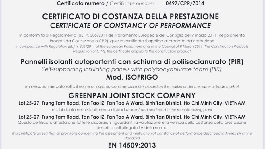 GREENPAN VIETNAM – Sản phẩm PANEL CỦA GREENPAN đạt chứng nhận Châu Âu CE MARKING – Dấu mốc trên hành trình phát triển bền vững của nhà sản xuất PANEL PIR số 01 Châu Á